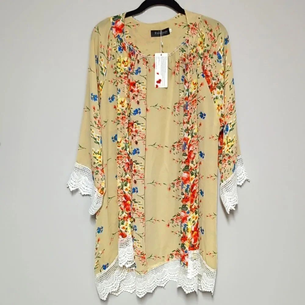 NWT Relipop Tan Floral Open Front Cardigan